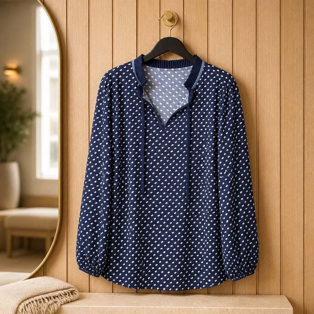 Talbots Plus Size 2X Navy Blue Polka Dot Pleated Neck Long Sleeve Blouse #419 - Picture 1 of 5